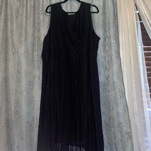 Midi length black lace handkerchief hem surplice dress